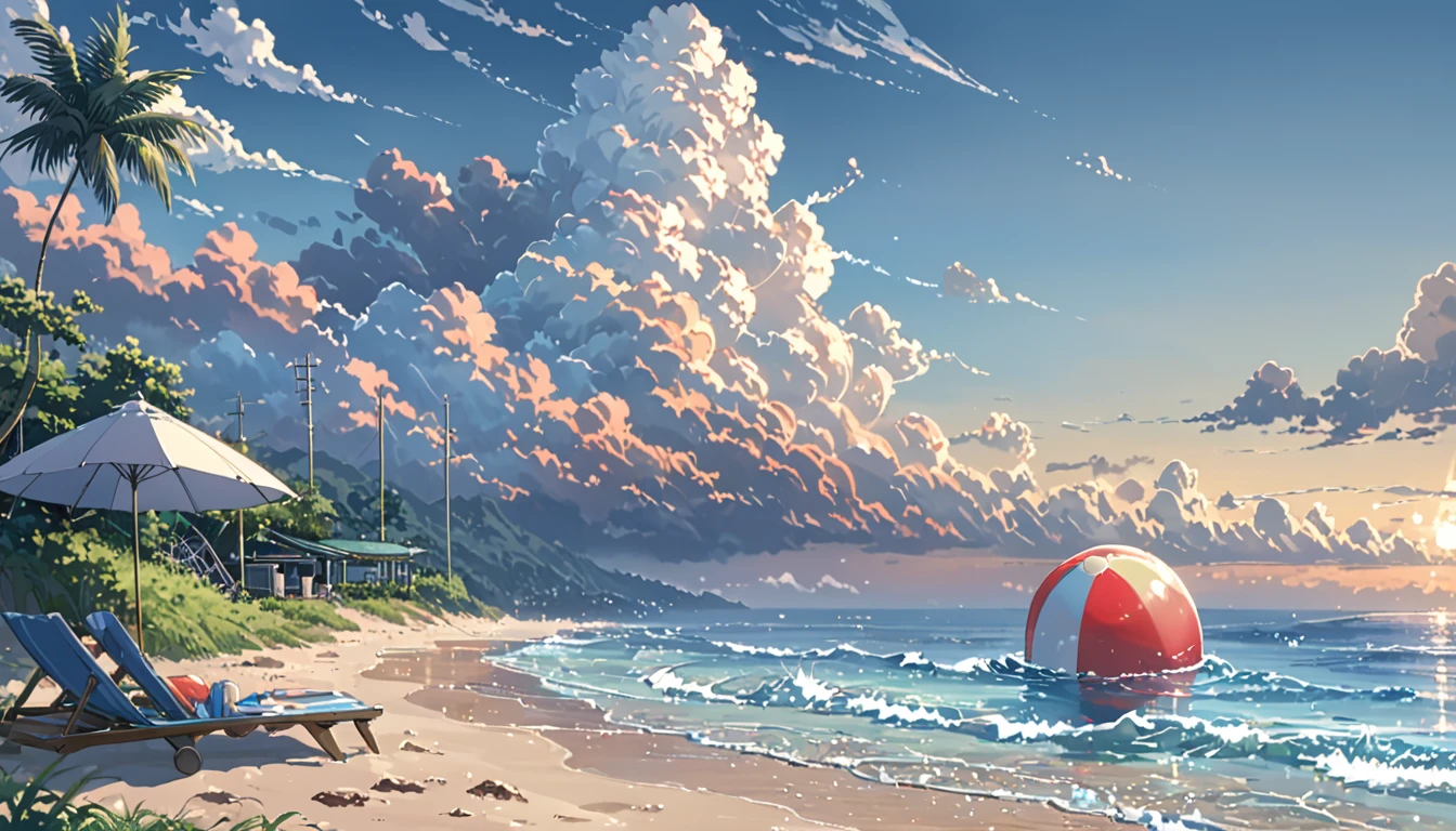 Beach, blue sea, sky with white clouds, as if sitting on the sand looking at the sea a beautiful sailing boat and an airplane in the pink sky