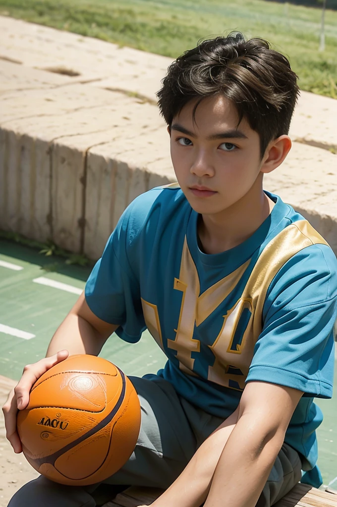 young asian man Looking at the camera in a sports shirt , Fieldside, beach, sunlight, looking at the football field