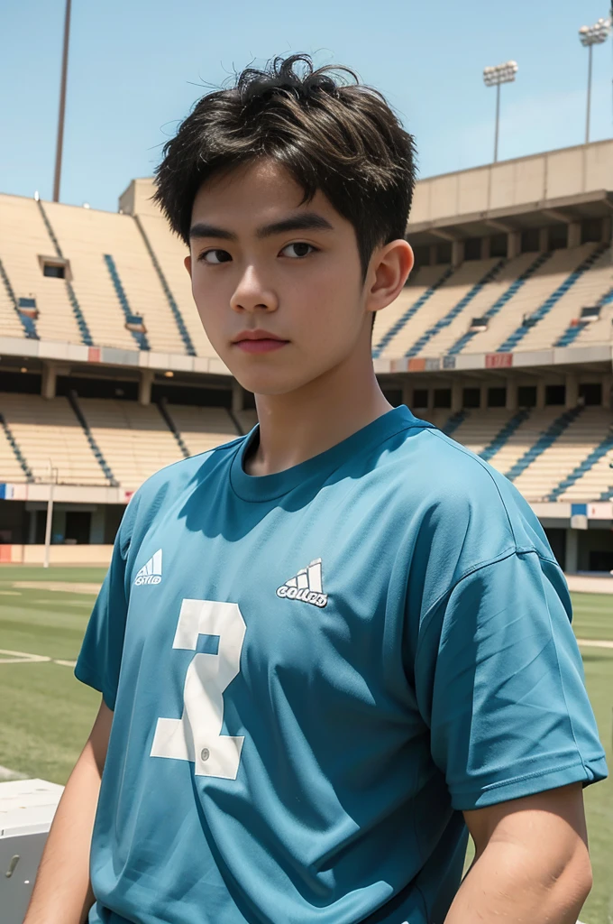 young asian man Looking at the camera in a sports shirt , Fieldside, beach, sunlight, looking at the football field