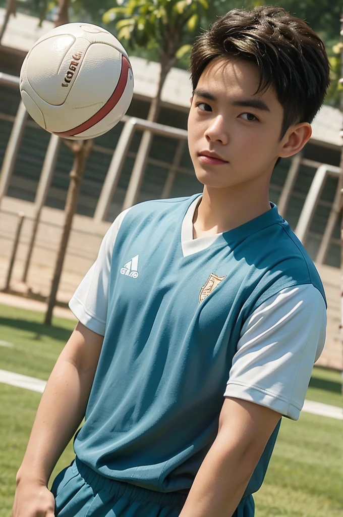 young asian man Looking at the camera in a sports shirt , Fieldside, beach, sunlight, looking at the football field