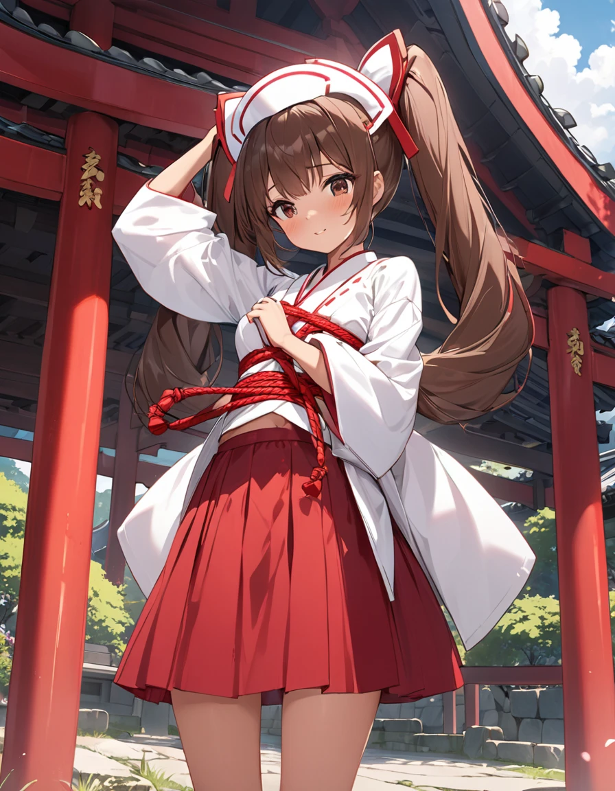 BREAK Perfect Anatomy、(High resolution:1.2)、Incredible illustrations、(Cute illustrations:1.2)、(nfsw)
(cinematic angle,solo focus,) （Beautiful background（Shrine grounds),
  1girl(brown hair,twin tails, tanned skin: 1.3) 1girl((a girl,slender 1.7meters, 45kg,   (Shrine maiden costume (white coat, scarlet hakama, tabi)(bondage:3.8,oversized clothes), lingerie), 
