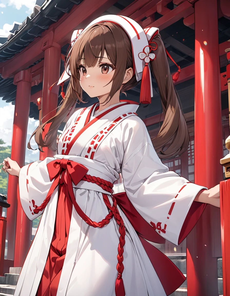 BREAK Perfect Anatomy、(High resolution:1.2)、Incredible illustrations、(Cute illustrations:1.2)、(nfsw)
(cinematic angle,solo focus,) (Beautiful background(Shrine grounds),
1girl(brown hair,twin tails, tanned skin: 1.3) 1girl((a girl,slender 1.7meters, 45kg, (Shrine maiden costume (white coat, scarlet hakama, tabi)(bondage:3.8,oversized clothes), lingerie),