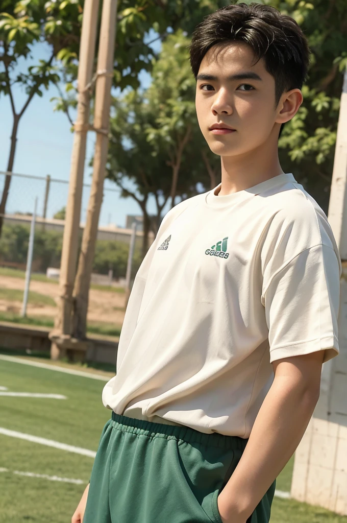 young asian man Looking at the camera in a sports shirt , Fieldside, beach, sunlight, looking at the football field