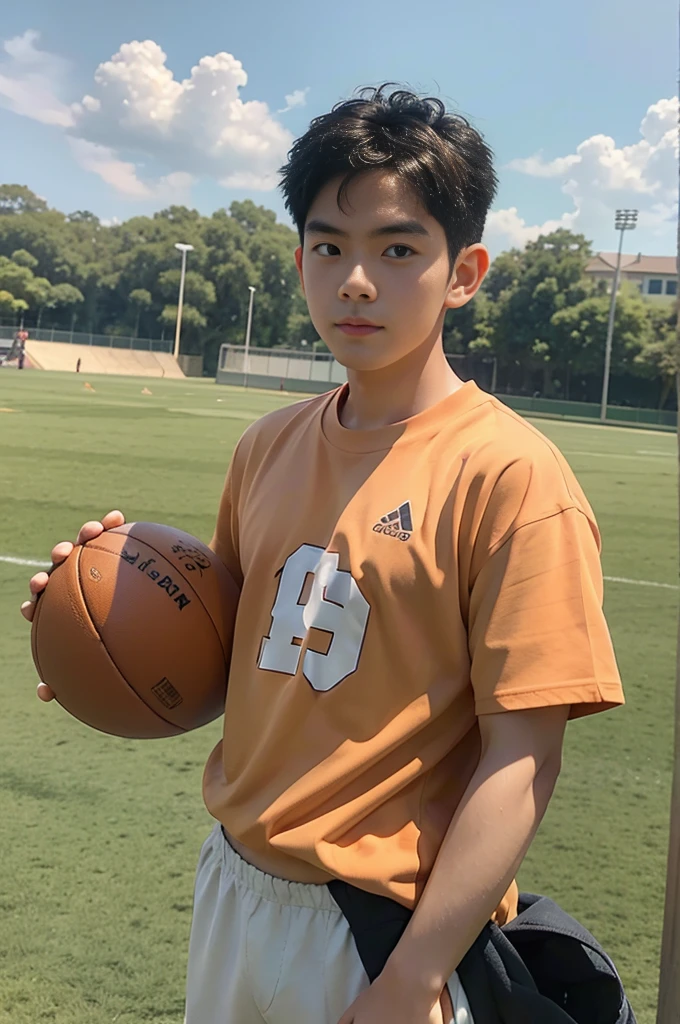 young asian man Looking at the camera in a sports shirt , Fieldside, beach, sunlight, looking at the football field