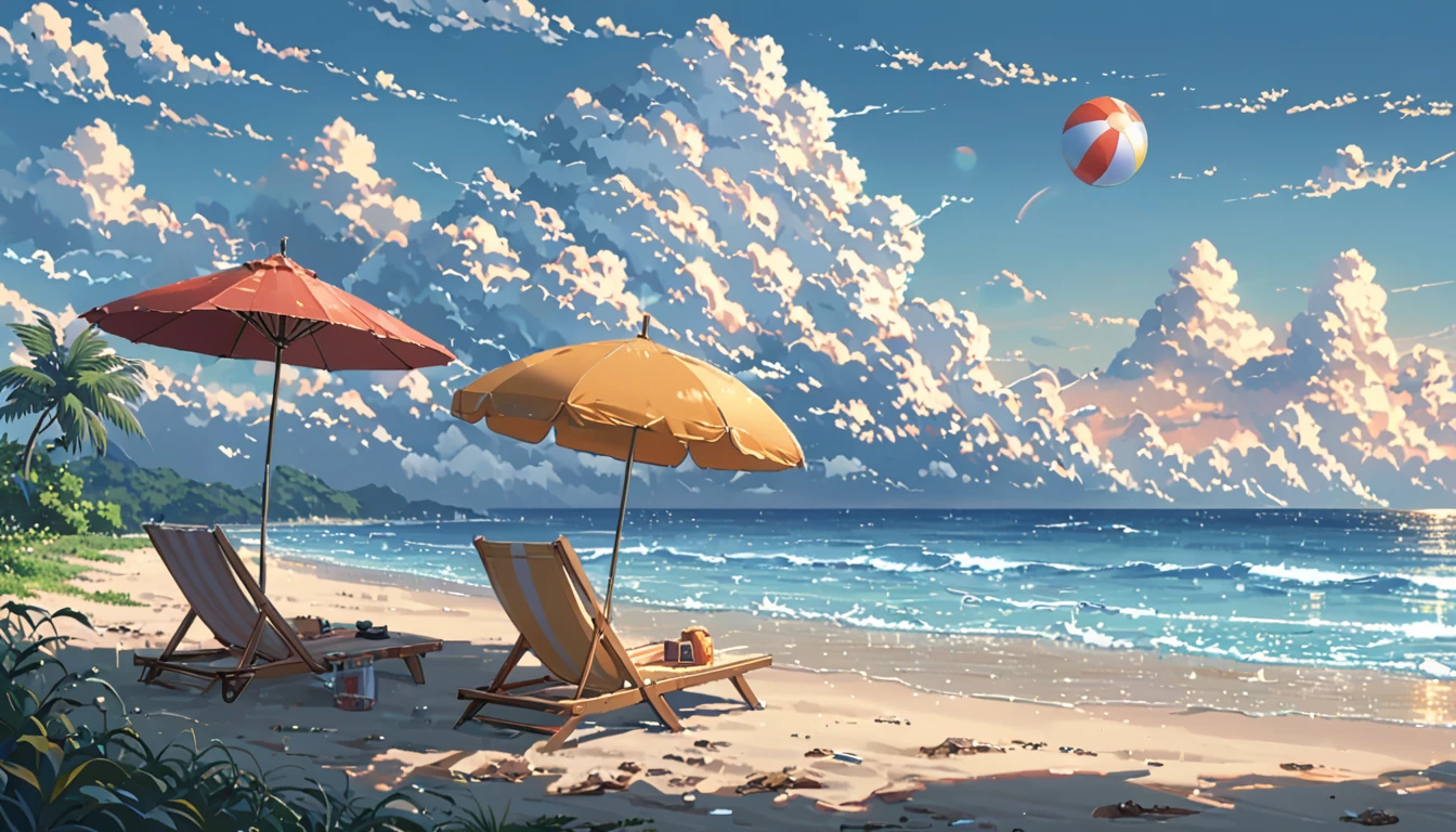 ((Anime: 1.4, Illustration)), (Masterpiece, Top Quality, Best Quality), (Ultra-Detailed, Absolutely Resolution), ((16k, HIGH RES)) (Summer, Beach, Cumulonimbus Cloud, Parasol, Beach Ball), ( Anime: 1.4, Illustration)), (Masterpiece, Top Quality, Best Quality), (Ultra-Detailed, Absolutely Resolution). Ak {Lofi Art, Style of Laurie Greasley, Style of Makoto Shinkai, Anime Aesthetic}, BREAK {(Produces IMAGES WITH ITH INFORMATION THAN 40 Million Pixels with Cinematic-Like Detailed Textures S Hot on a Sony slur).}