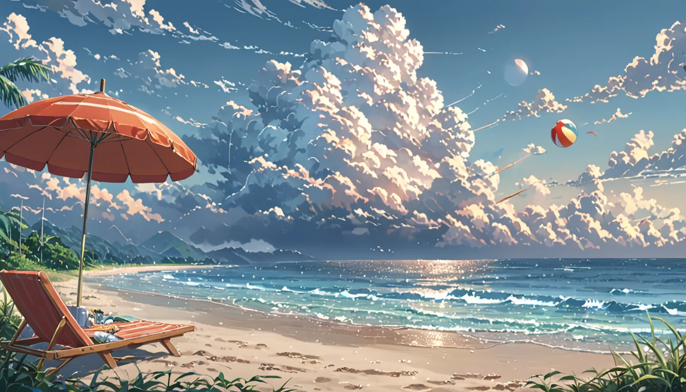 ((Anime: 1.4, Illustration)), (Masterpiece, Top Quality, Best Quality), (Ultra-Detailed, Absolutely Resolution), ((16k, HIGH RES)) (Summer, Beach, Cumulonimbus Cloud, Parasol, Beach Ball), ( Anime: 1.4, Illustration)), (Masterpiece, Top Quality, Best Quality), (Ultra-Detailed, Absolutely Resolution). Ak {Lofi Art, Style of Laurie Greasley, Style of Makoto Shinkai, Anime Aesthetic}, BREAK {(Produces IMAGES WITH ITH INFORMATION THAN 40 Million Pixels with Cinematic-Like Detailed Textures S Hot on a Sony slur).}