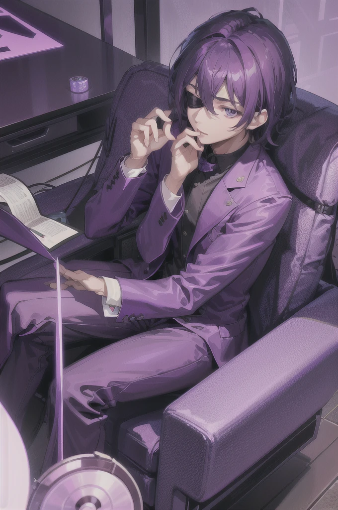 arafed man in a purple suit with a blindfold, an album cover inspired by Luo Mu, tumblr, digital art, guy using the purple fancy suit, cai xukun, dark purple garments, purple leather garments, material is!!! plum!!!, purple skin color, purple clothes, a purple suit jacket, izumi, purple color-theme, smooth purple skin, purple chair
Realistic, izumi name tag