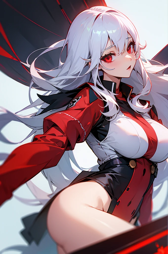 Woman long white hair red eyes big breast uniform ship