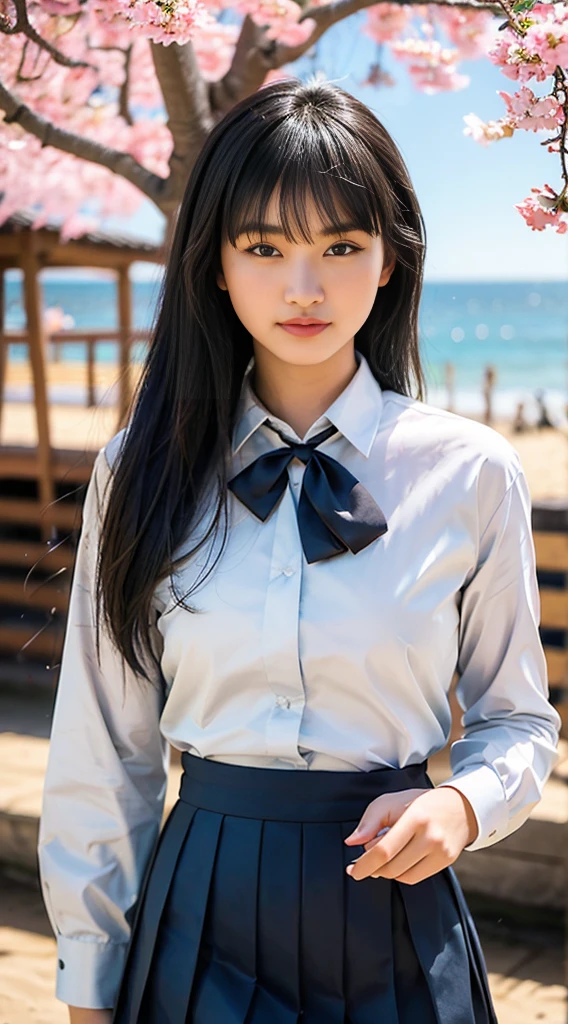 Highest quality, Realistic, Realistic, Very detailed, Very delicate and beautiful, RAW Photos, Professional Lighting, Facial Lighting, Depth of written boundary, Single Focus, whole body, 20-year-old woman, (night, Beach, Starry Sky: 1.4), Brown Hair, Brown eyes, Small head, ((Big Breasts)), Stylish girl, Beautiful Eyes, True Face, Real Skin, Realistic face, Realistic skin, Fine grain, Detailed facial features, Detailed clothing features, (Fashionable clothes: 1.3 ), (Trendy hairstyles: 1.3) Dynamic pose, View your viewers, Detailed face and chest, (Purelos Face_v1:0.33), (Urzan-6500:0.33),Japanese high school girl posing in the schoolyard in the evening。She is wearing a white shirt and a navy blue pleated skirt.、wearing a red ribbon tie。The sleeves of the shirt are slightly rolled up、A simple silver bracelet shines on her wrist, visible through the cuffs of her sleeves.。The model has naturally straight, shoulder-length black hair.、Bangs should be slightly over the eyebrows。Her skin is translucently white、Gives off a healthy glow。
In the background is a large schoolyard.、You can see some rusty iron bars and playground equipment.。The sky is dyed with the sunset、orange、pink、The purple gradation spreads beautifully.。There is a large cherry blossom tree behind the model.、The leaves are swaying in the wind。There are some weeds growing at my feet.、Gives a sense of reality。
The lighting is soft and natural, gently enveloping the model.、Warm hues illuminate her face and uniform.。She has a natural smile、Her left hand is lightly lifting the edge of her skirt。The right hand is placed on the hip、The pose is relaxed yet somewhat confident.。Her eyes are on the camera、She has a pure and bright expression.。
Overall、A fusion of the freshness of youth and the calm atmosphere of the evening.、The aim is to create an elegant yet approachable photographic image.。