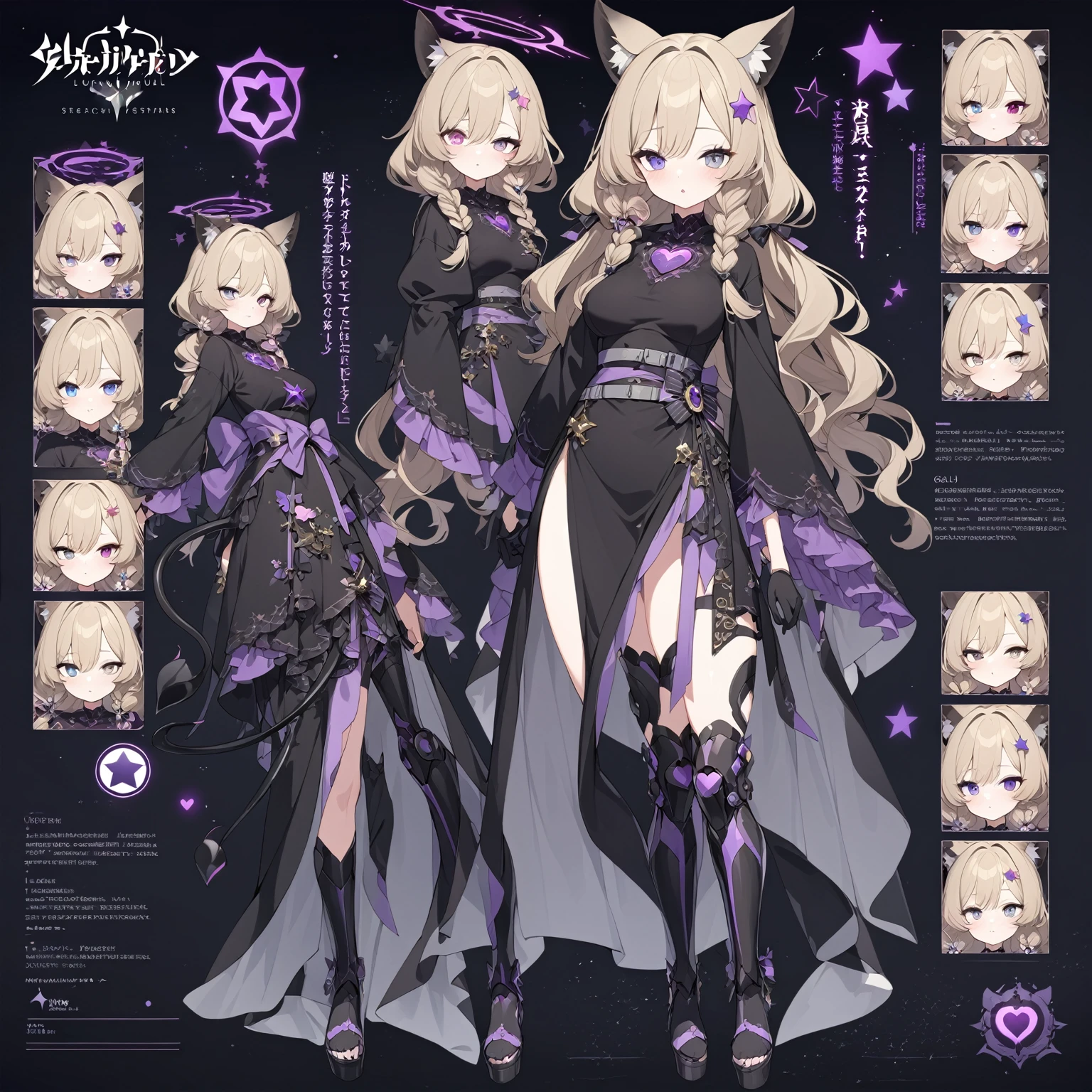 1 woman 180cm tall. (character design sheet: front view, back view). long dark blonde hair, slim build, wavy hair with hip length curls, has a short central tuft, She has two short braids on the left and right side of her head.. He has black serval ears with gray and purple on the top of his head. small face. (heterocromia: one gray eye and one violet eye), ribbons on the right and left side of the hair. extremely detailed face, Beautiful detailed eyes, beautiful detailed lips. adorable, extremely detailed legs, (Best Quality, 4k, 8k, high resolution), ultra detailed, Exquisite and epic character art. Black platform heels, Elegant One Piece Long Dress with Ruffles Skirt and Wide Sleeves Gold Gear Design, star and ribbon decorations on the dress. black gloves. gray belt at the waist with a large bright pink heart ribbon. black necklace with heart emblem on the neck. It has a succubus tail with a luminous purple star tip.. (wide hip). Luminous black halo with purple star patterns above his head... (medium breast size). Thigh High Mechanical Legs in Black and Luminous Purple.