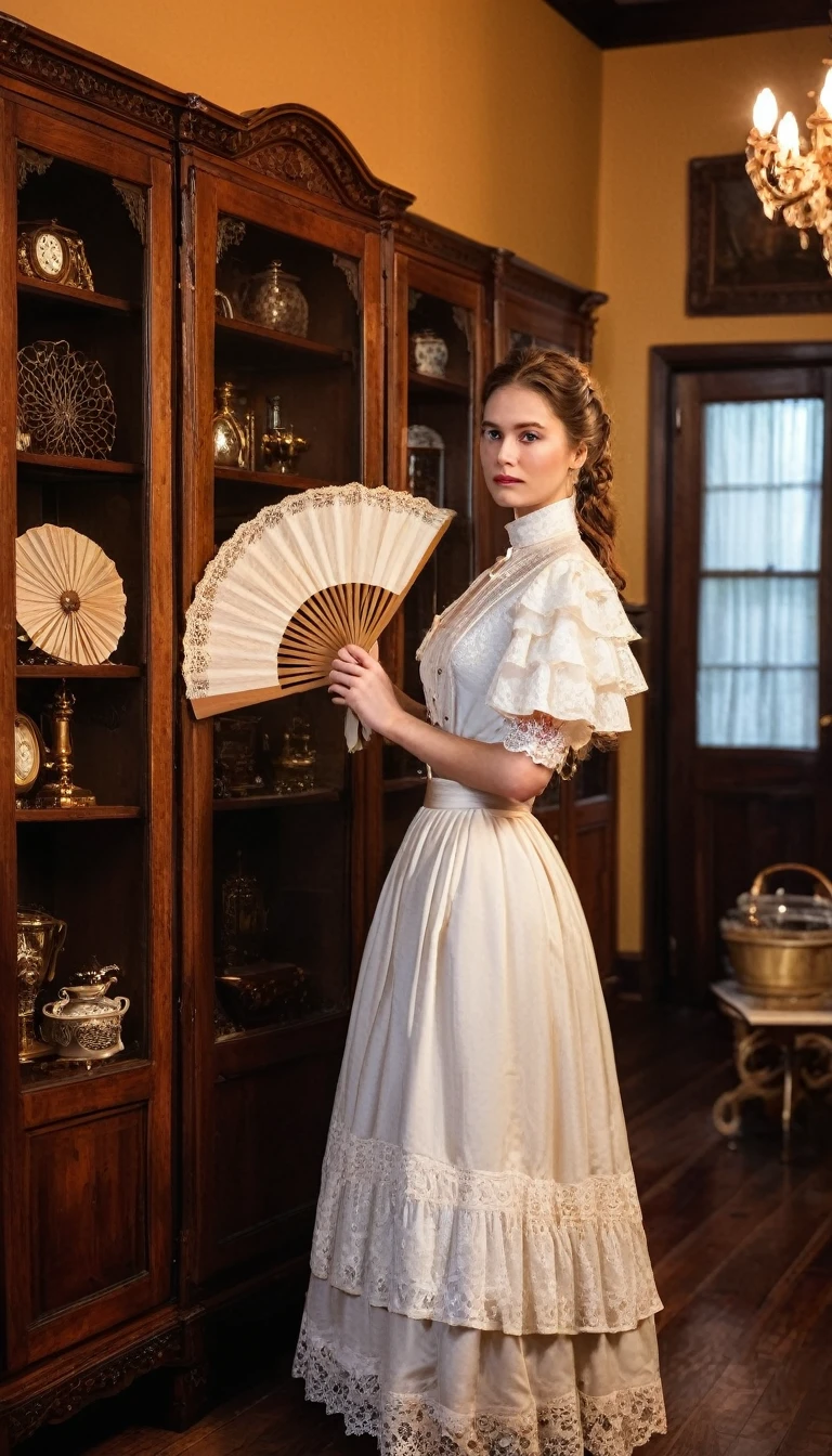 Photo of a young woman standing in a vintage room filled with wooden display cabinets and various antique items. The woman is wearing a Victorian-style outfit, consisting of a white blouse with ruffled sleeves and a high neckline, paired with a full-length golden skirt that has lace detailing. She holds an open white lace fan. The lighting is warm and ambient, highlighting the red tones of the wood and creating soft shadows around the room. The pose is elegant and poised, with one hand holding the fan to the face and the other gently lifting the skirt. Properties include intricate woodwork on the cabinets and reflective glass surfaces showcasing antique objects inside. The camera angle is from behind at eye level, capturing both the subject's attire and surrounding details., hyper realistic, ultra detailed hyper realistic, photorealistic, Studio Lighting, reflections, dynamic pose, Cinematic, Color Grading, Photography, Shot on 50mm lens, Ultra-Wide Angle, Depth of Field, hyper-detailed, beautifully color, 8k
