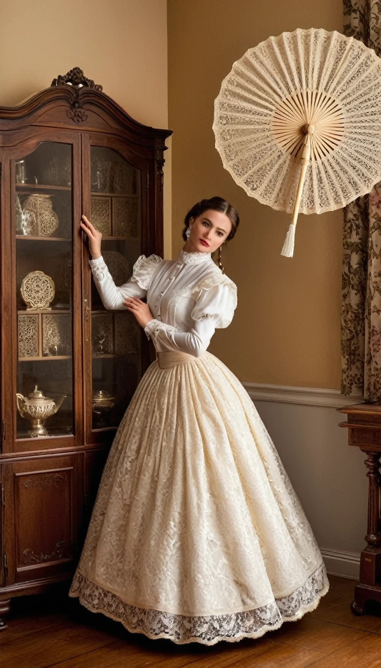 Photo of a young woman standing in a vintage room filled with wooden display cabinets and various antique items. The woman is wearing a Victorian-style outfit, consisting of a white blouse with ruffled sleeves and a high neckline, paired with a full-length golden skirt that has lace detailing. She holds an open white lace fan. The lighting is warm and ambient, highlighting the red tones of the wood and creating soft shadows around the room. The pose is elegant and poised, with one hand holding the fan to the face and the other gently lifting the skirt. Properties include intricate woodwork on the cabinets and reflective glass surfaces showcasing antique objects inside. The camera angle is from behind at eye level, capturing both the subject's attire and surrounding details., hyper realistic, ultra detailed hyper realistic, photorealistic, Studio Lighting, reflections, dynamic pose, Cinematic, Color Grading, Photography, Shot on 50mm lens, Ultra-Wide Angle, Depth of Field, hyper-detailed, beautifully color, 8k
