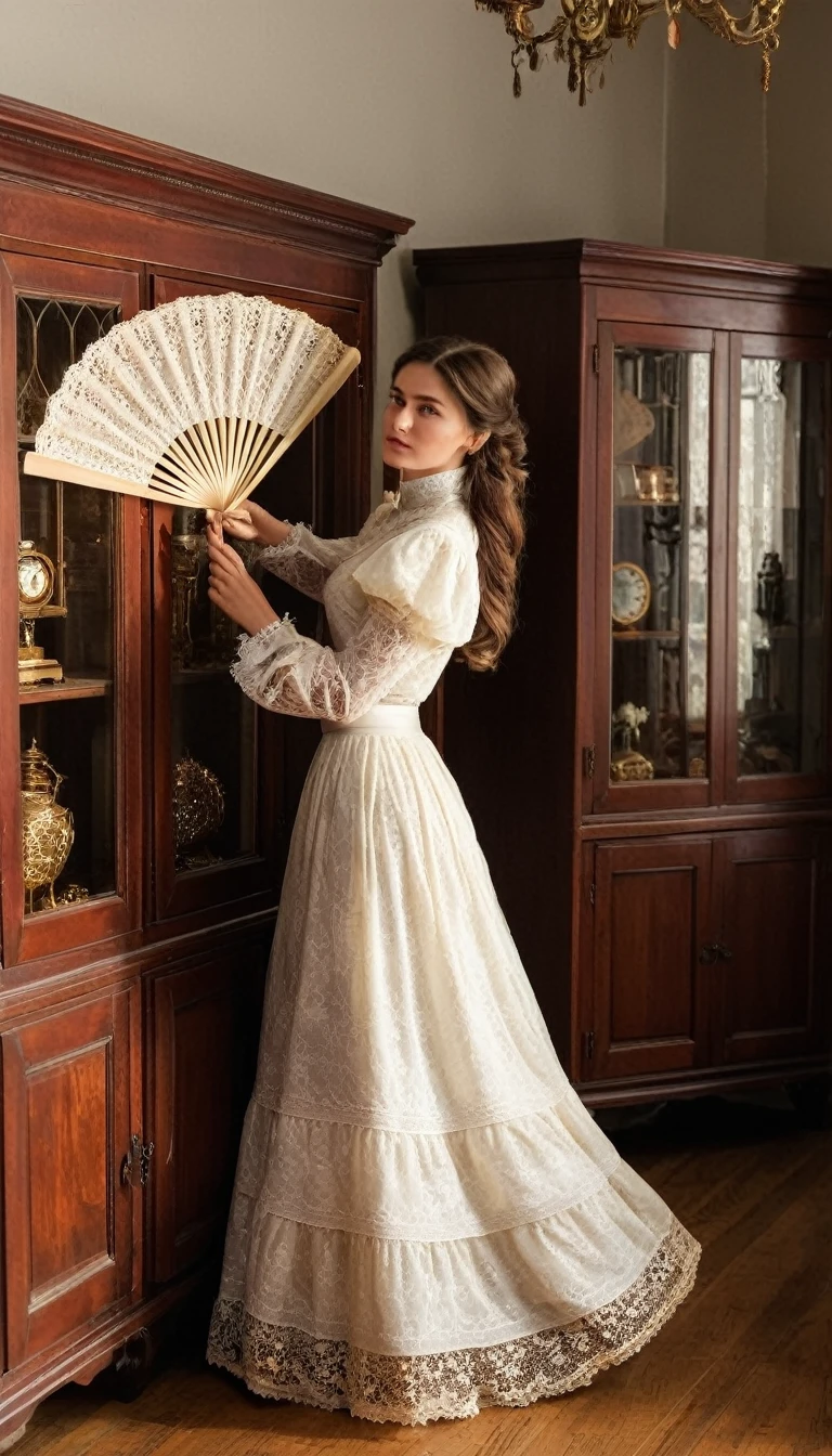 Photo of a young woman standing in a vintage room filled with wooden display cabinets and various antique items. The woman is wearing a Victorian-style outfit, consisting of a white blouse with ruffled sleeves and a high neckline, paired with a full-length golden skirt that has lace detailing. She holds an open white lace fan. The lighting is warm and ambient, highlighting the red tones of the wood and creating soft shadows around the room. The pose is elegant and poised, with one hand holding the fan to the face and the other gently lifting the skirt. Properties include intricate woodwork on the cabinets and reflective glass surfaces showcasing antique objects inside. The camera angle is from behind at eye level, capturing both the subject's attire and surrounding details., hyper realistic, ultra detailed hyper realistic, photorealistic, Studio Lighting, reflections, dynamic pose, Cinematic, Color Grading, Photography, Shot on 50mm lens, Ultra-Wide Angle, Depth of Field, hyper-detailed, beautifully color, 8k
