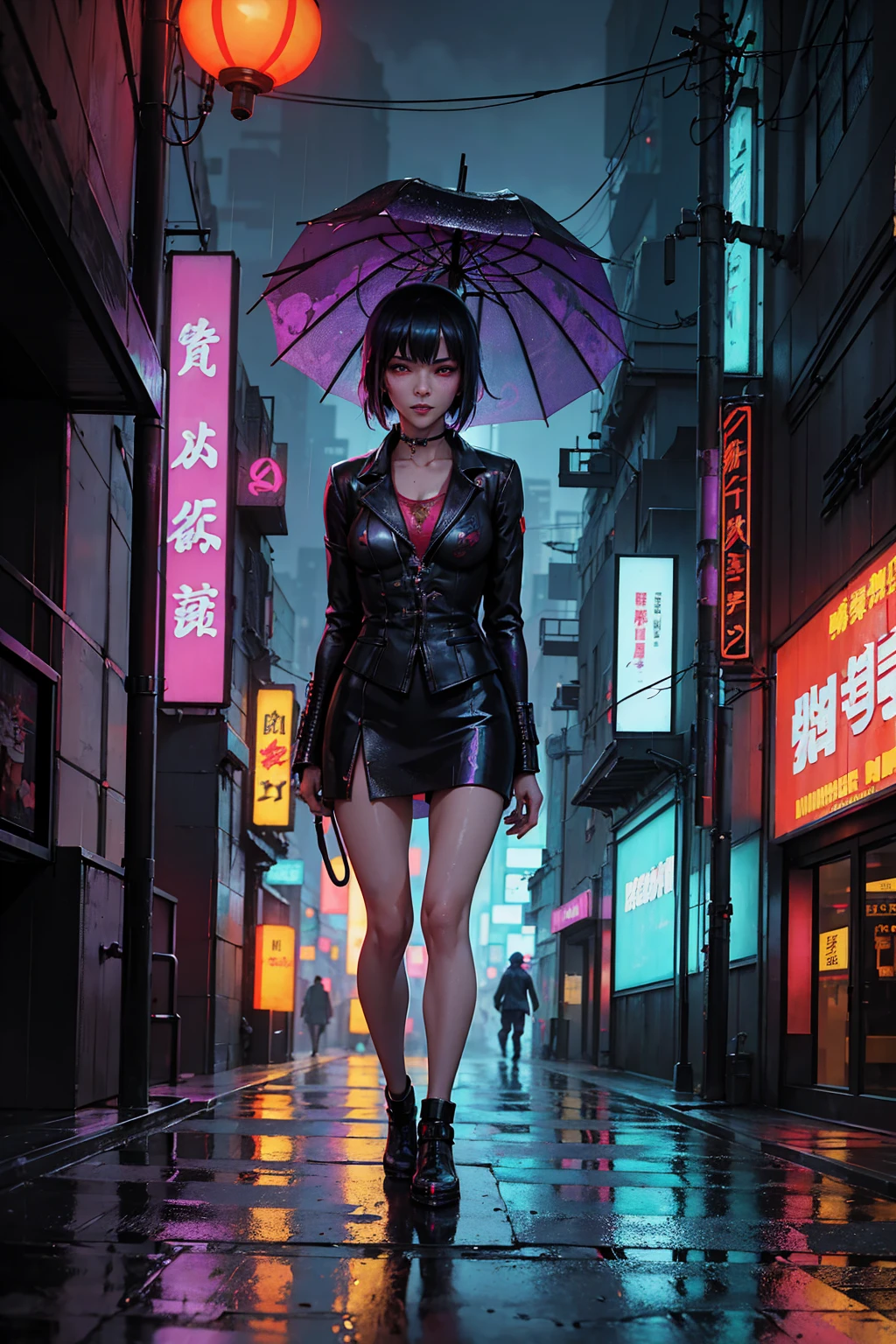 a person walking down a street with a umbrella in the rain, inspired by Liam Wong, china town blade runner, by Kilian Eng, ( ( ( ( ( dan mumford ) ) ) ) ), cyberpunk street, cyberpunk streets in japan, cyberpunk anime art, cyberpunk art style, cyberpunk alley, by Liam Wong, kowloon cyberpunk, cyberpunk themed art, cyberpunk aesthetics,