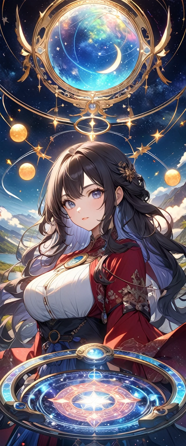 最Highest quality, Highest quality, 16K, Unbelievably absurd, Very detailed, 2.5D, delicate and dynamic, , formal, universe, Night Sky, Crescent Moon, constellation, Gorgeous nebula, meteor, lake, lake面に月が映る, Tarot Cards, Giant magic circle, A complex magic circle, Colorful magic circle, A colorful celestial globe, Small face, Very delicate facial expressions, Delicate eye depiction, Upper body close-up, erotic, One sexy woman, Cool woman, black long wavy hair, Healthy body shape, 25-year-old woman, Cool woman, Height: 170cm, huge bouncing busts, astrologer, Horoscope, Tarot Cards, Calm expression, A complex magician&#39;s outfit, Magician&#39;s outfit in chic colors, garter belt, Fishnet tights, Magician&#39;s Shoes, Fortune telling, Declare, Tarot Cardsを配る, Tarot Cardsをばらまく