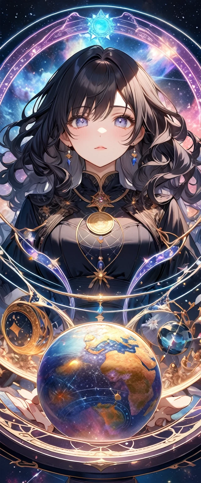 最Highest quality, Highest quality, 16K, Unbelievably absurd, Very detailed, 2.5D, delicate and dynamic, , formal, universe, Night Sky, Crescent Moon, constellation, Gorgeous nebula, meteor, lake, lake面に月が映る, Tarot Cards, Giant magic circle, A complex magic circle, Colorful magic circle, A colorful celestial globe, Small face, Very delicate facial expressions, Delicate eye depiction, Upper body close-up, erotic, One sexy woman, Cool woman, black long wavy hair, Healthy body shape, 25-year-old woman, Cool woman, Height: 170cm, huge bouncing busts, astrologer, Horoscope, Tarot Cards, Calm expression, A complex magician&#39;s outfit, Magician&#39;s outfit in chic colors, garter belt, Fishnet tights, Magician&#39;s Shoes, Fortune telling, Declare, Tarot Cardsを配る, Tarot Cardsをばらまく