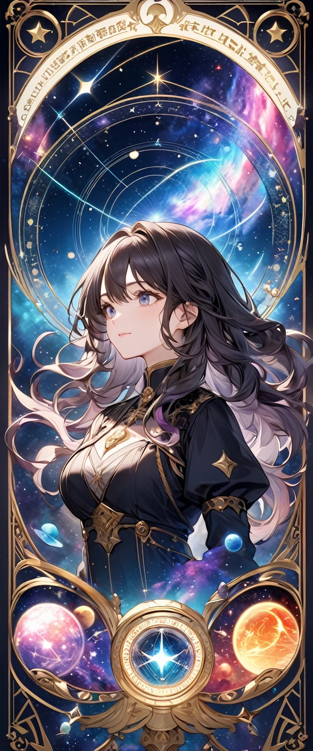 最Highest quality, Highest quality, 16K, Unbelievably absurd, Very detailed, 2.5D, delicate and dynamic, , formal, universe, Night Sky, Crescent Moon, constellation, Gorgeous nebula, meteor, lake, lake面に月が映る, Tarot Cards, Giant magic circle, A complex magic circle, Colorful magic circle, A colorful celestial globe, Small face, Very delicate facial expressions, Delicate eye depiction, Upper body close-up, erotic, One sexy woman, Cool woman, black long wavy hair, Healthy body shape, 25-year-old woman, Cool woman, Height: 170cm, huge bouncing busts, astrologer, Horoscope, Tarot Cards, Calm expression, A complex magician's outfit, Magician's outfit in chic colors, garter belt, Fishnet tights, Magician's Shoes, Fortune telling, Declare, Tarot Cardsを配る, Tarot Cardsをばらまく