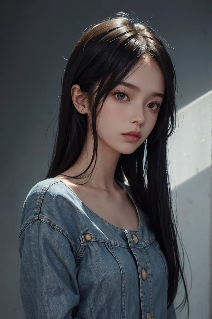 20 year old girl, blue short jean, long hair, high contrast (Natural skin texture, Hyperrealism, Soft Light, sharp), portrait, standing