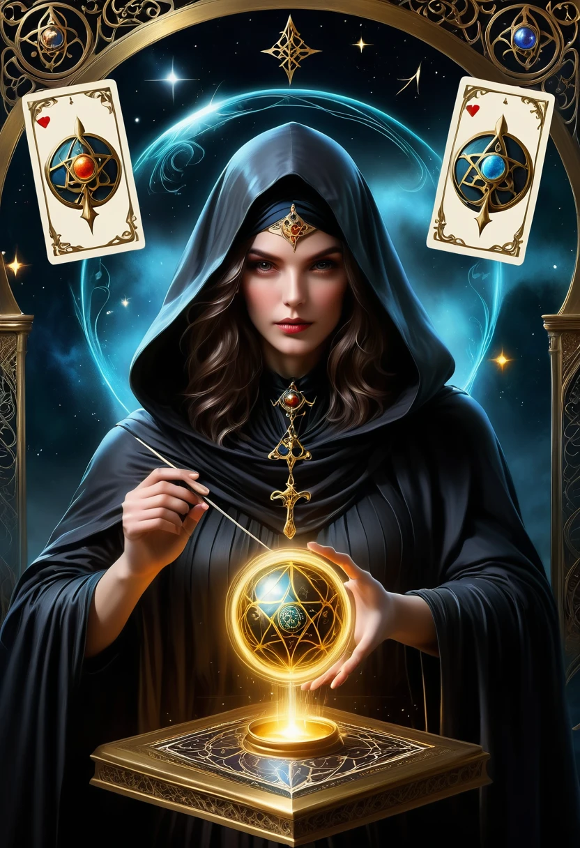 Fortune Teller,Metal photo frame,card,tarot cards:1.37.Mysterious fortune teller in cloak,eldenger taps an array of tarot cards in the air,Mystical symbols and elements,Ancient mysterious atmosphere,Realistic illustration details,A composition full of vitality and energy,Dark Style,Gothic style