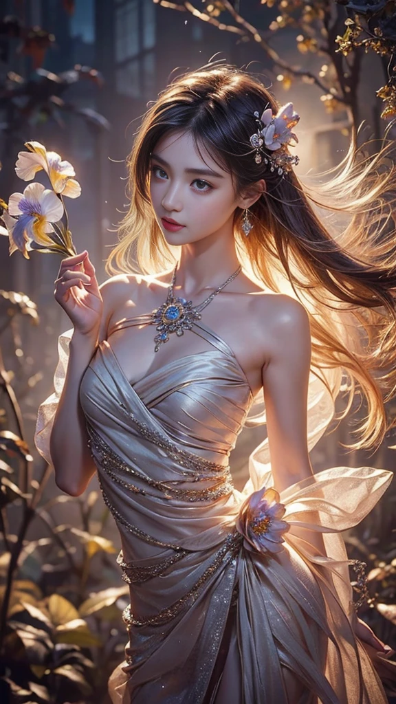 Full figure, -clinging shooting, 18 years old, wearing firefly clothes, strap clothes, glowing clothes, ornaments, exquisite faces, details, hands, ultimate details, amazing magnificence, Pedaipan style, fiber hair, glowing silver iris, ((glowing flower)),