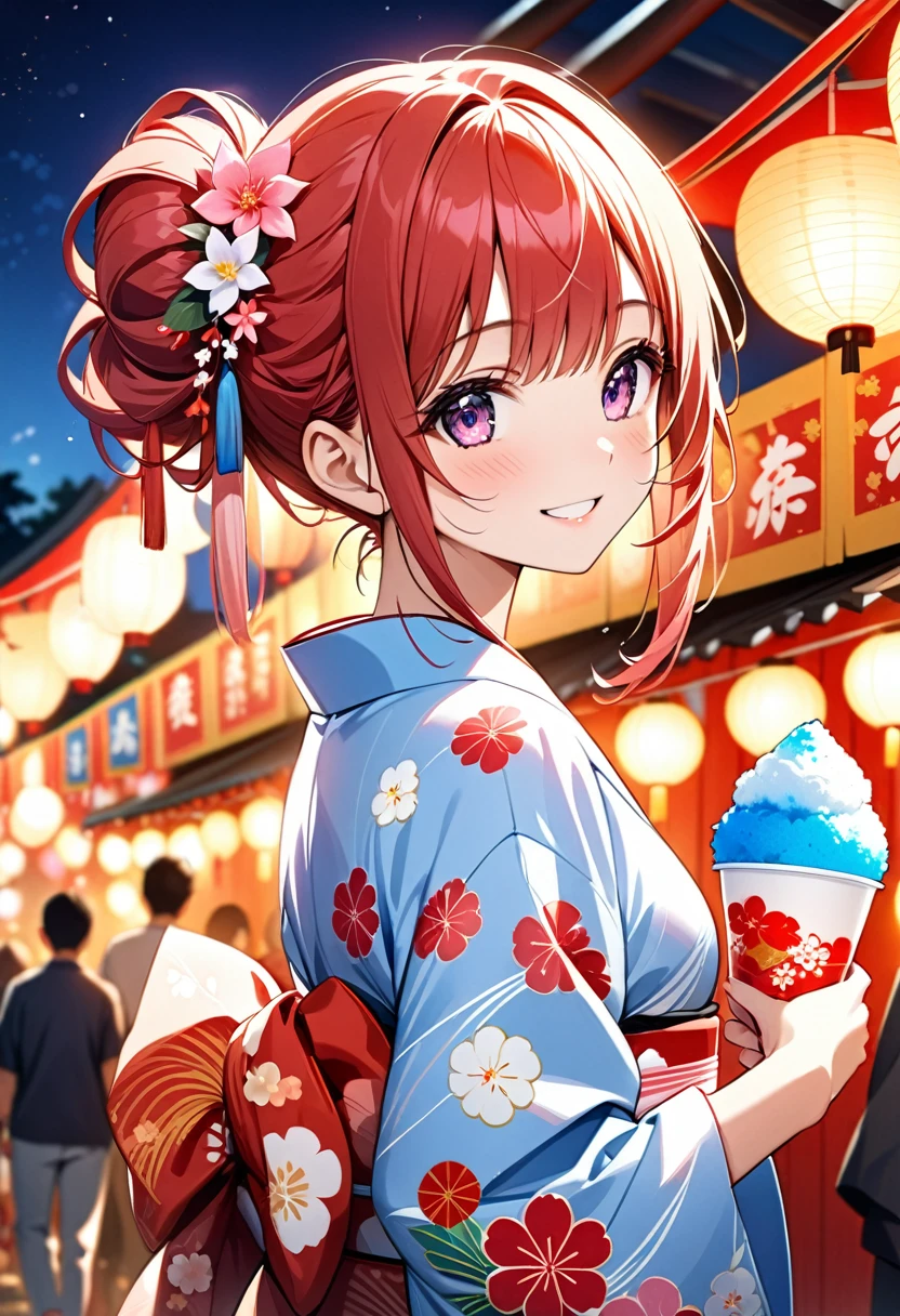 A girl is smiling while eating shaved ice at a summer festival.The girl is very cute and youthful, Red twin-tailed hair,Wearing a barrette on a kimono.The girl is wearing a yukata with a beautiful pink pattern.Holding a shaved ice with red syrup, he flashes a proud smile at the camera.Summer festival background with summer festival night stalls lined up,The lights of the night stalls and lanterns make the girls look beautiful.The beauty, luster and texture of the girl's hair, the cuteness of her face and the beauty of her skin, the texture of the yukata based on the Japanese tradition,The beauty and texture of the obi,The beauty of the light on the shaved ice,The fantastic beauty of the lights at night stalls and festivals,Back view, girl looking at camera.(
High quality, high definition, masterpiece, best quality, 4k, 8k:1.2).Ultra detail,Cinema lighting, ultra-fine painting,Super Fine View,Professional photography,beautiful girl