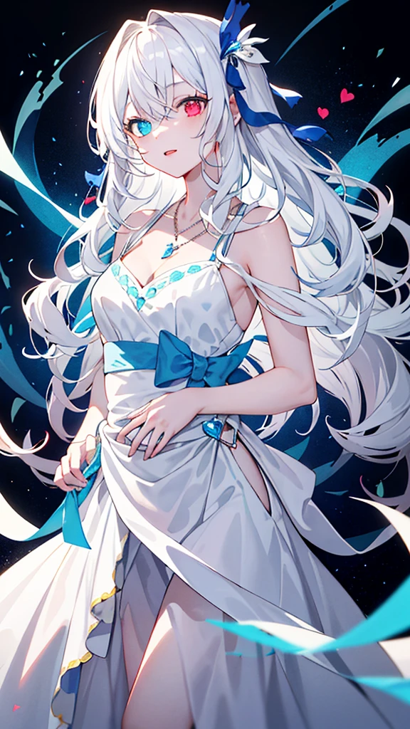 a girl with white wavy hair wearing a white dress with a blue ribbon accent at the waist. He has heterochromic eyes, with one sky blue eye and one blood red eye. He also wears a blue heart-shaped pendant necklace. The background is dark and the light effect gives a magical and beautiful impression