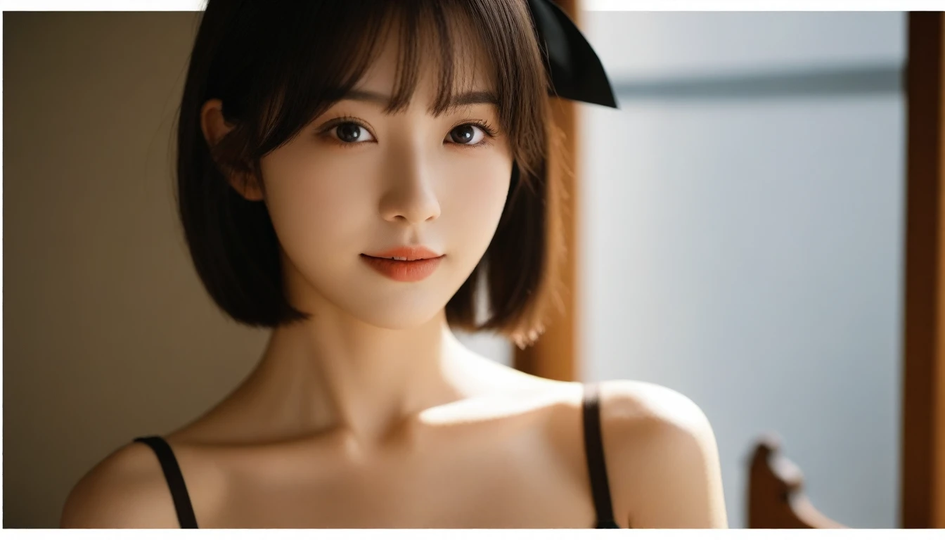 8K, Ultra-high resolution, Highest quality, masterpiece, 三分割法によるphotograph,Surreal, photograph, 1 Girl, (16 years old:1.3), pretty girl, Cute face, Beautiful eyes in every detail, 細かくdetailedに,masterpiece,, One Girl:1.2, Japan Female Announcer, Virginia Otis 15 year old girl,close up,backlighting,Bob with bangs,(Black ribbon hair band)、(Brown eyeball:1.5),Brown Hair,(Off-the-shoulder outfit:1.5),Sexually suggestive side boob、small breasts and narrow waist、Perfect figure,Perfect Proportions,View your viewers,(Office Room,Inside the room,にdetailedな背景:1.2),smile,Glossy Skin, Real skin texture, Natural light, Best lighting, detailedの背景, Shading of details, Sharp focus, Depth of written interface f/2, saturation, High contrast, 強烈なLight and shadow色気ムンムン,Sensual,A carefree smile,Heal the heart、beauty,Long neck、少しsmile、Please close your mouth and laugh、(((Ideal body type))),A cup small breasts :2,、Portraiture:2、Perfect Anatomy、なdetailed、detailed、Surreal、Light and shadow,Strong light