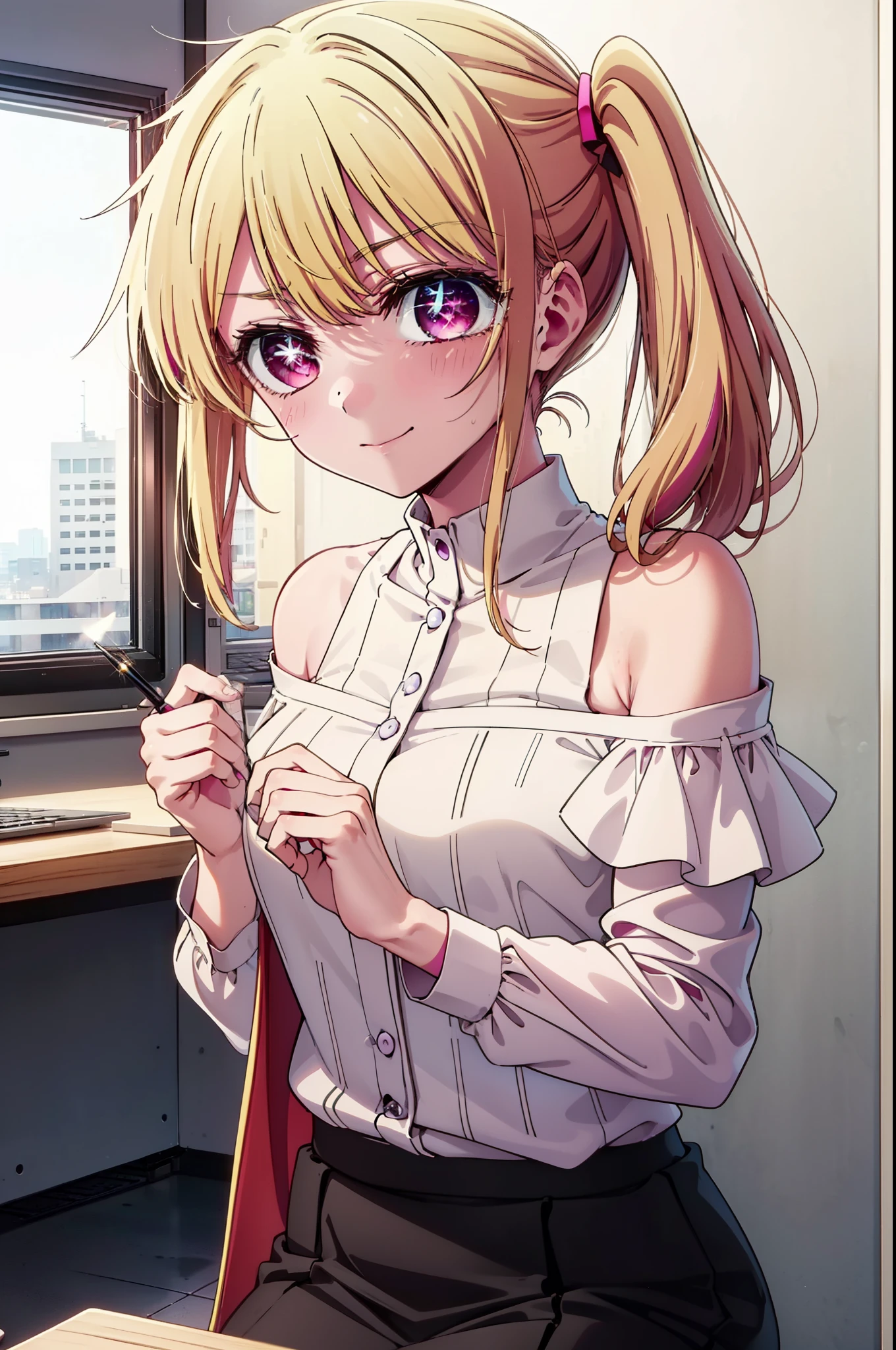 masterpiece, best quality, 1 girl, detailed beautiful face, ((pink nurse)), bent over, down blouse, sort hair, waved hair, twintail, blonde hair, nurse uniform with a few buttons unbuttoned, smiling, (small breast), (flat chest), sweat, laughing, bottomless, panties