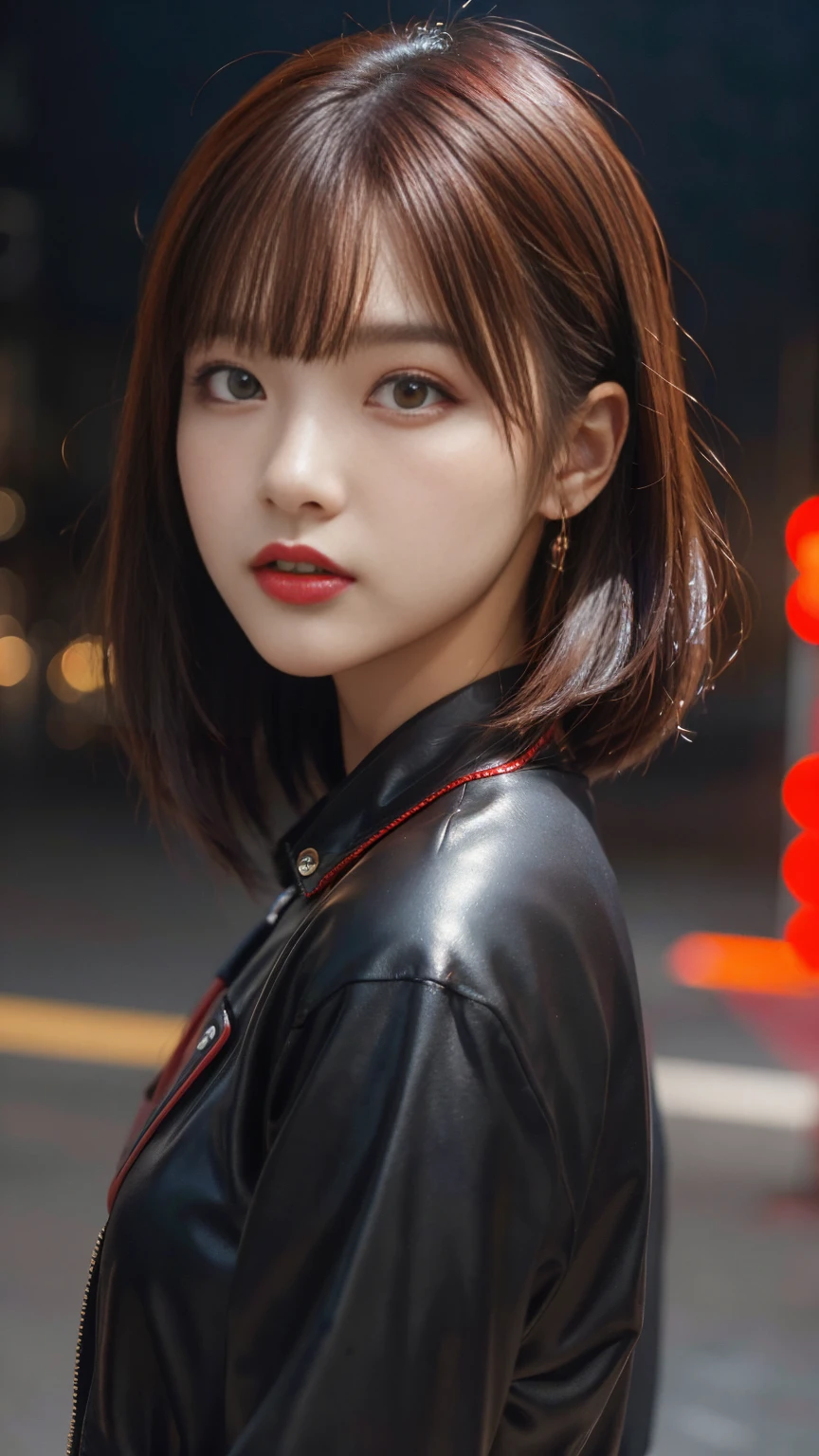 beautiful girl, Half Body Portrait,Short, bright red, messy hair, Black Eyeshadow, (Street Style Wear:1.2), (Urban Background:1.2), Heavy makeup, Digital Art, Trending on Art Station, highly detailed, The finer details, Complex, beautiful detailed glow, detailed, Cinematic Light, High resolution, detailed facial features,Sharp focus, Smooth, beautiful,