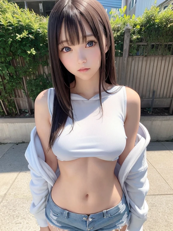 upper body,Sexy and firm super small breasts、Sexy cute looks and cute  beautiful girl, Beautiful and sexy face、Beautiful, cute and sexy eyes hidden by long bangs,White long straight hair、Completely naked、super cropped tops hoodie,Light blue eyes、Shorts,Showing breasts and nipples