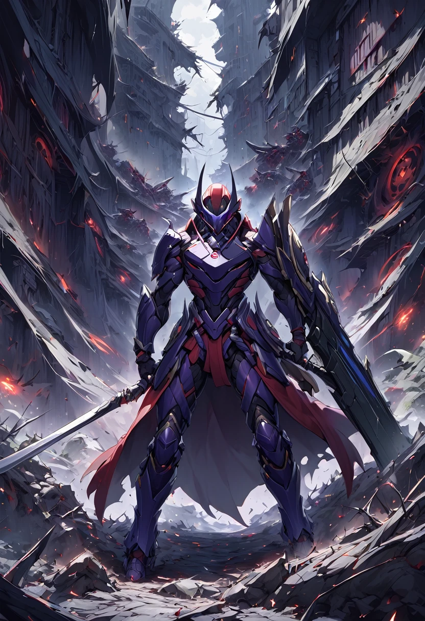 "Generate a stunning depiction of a futuristic shogun clad in advanced armor and wielding high-tech weapons, standing defiantly in an apocalyptic landscape. The shogun faces a formidable army of ninjas, their sleek and deadly forms emerging from the shadows. Capture the tension and drama of this epic confrontation amidst a ravaged, post-apocalyptic setting."