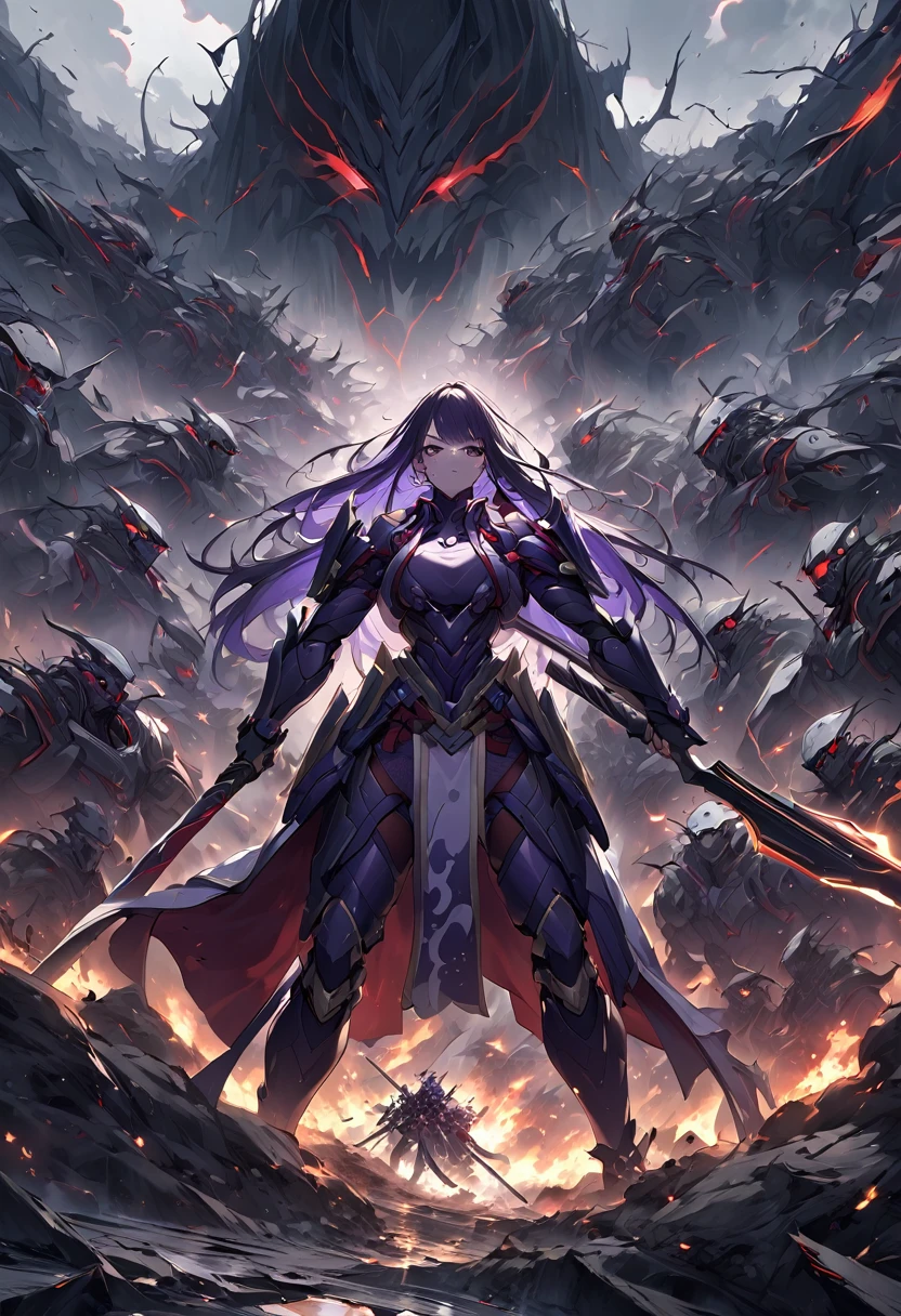 "Generate a stunning depiction of a futuristic shogun clad in advanced armor and wielding high-tech weapons, standing defiantly in an apocalyptic landscape. The shogun faces a formidable army of ninjas, their sleek and deadly forms emerging from the shadows. Capture the tension and drama of this epic confrontation amidst a ravaged, post-apocalyptic setting."