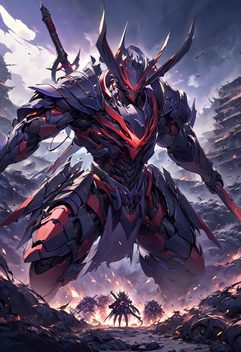 "Generate a stunning depiction of a futuristic shogun clad in advanced armor and wielding high-tech weapons, standing defiantly in an apocalyptic landscape. The shogun faces a formidable army of ninjas, their sleek and deadly forms emerging from the shadows. Capture the tension and drama of this epic confrontation amidst a ravaged, post-apocalyptic setting."