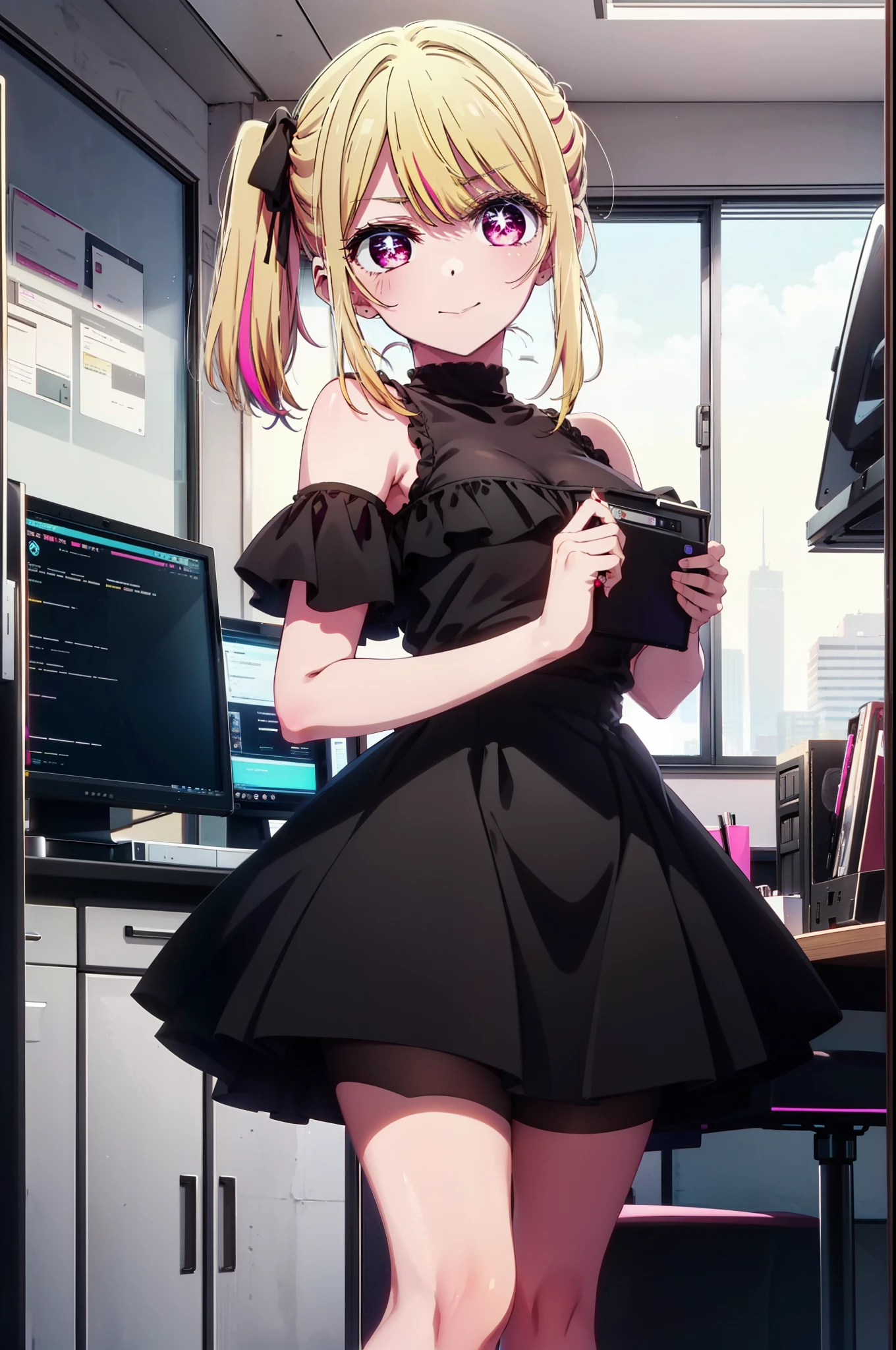 rubyhoshino, Hoshino Ruby, Long Hair, bangs, Blonde, (Pink Eyes:1.3), Side Lock, (Symbol-shaped pupil:1.5), Multicolored Hair, Two-tone hair, happy smile, smile, Close your mouth,
break side ponytail, Cold Shoulder Shirt,Long skirt,Black pantyhose,Stiletto heels,There is a computer on the table,Chair,Are standing,interior,whole bodyがイラストに入るように,Daytime,Clear skies,
break indoors, office,
break looking at viewer, whole body,
break (masterpiece:1.2), Highest quality, High resolution, unity 8k wallpaper, (figure:0.8), (Beautiful attention to detail:1.6), Highly detailed face, Perfect lighting, Highly detailed CG, (Perfect hands, Perfect ???????),