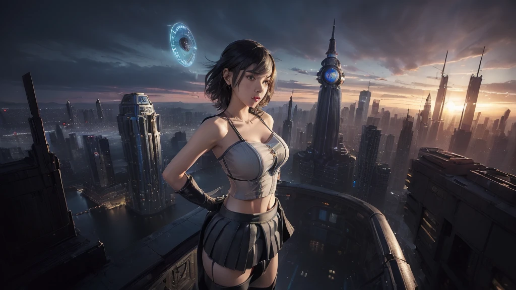 At night, (((aerial view of futuristic sci-fi cyberpunk city, skyscrapers, (((flying cars))), (vortex-spirit-spreading giant hologram (((clock tower))) as time machine), high quality))). Matrix style, (1girl, solo), photo realistic, (((large-breast:1.2 slim body, cleavage:1.3, perfect face, tube top, short pleated (((miniskirt)))))), (((((matrix style black (sunglasses), aiming at viewer with a (mini rifle):0.3))))), (((dynamic pose, half-body (thigh level) medium shot))), cinematic lighting.