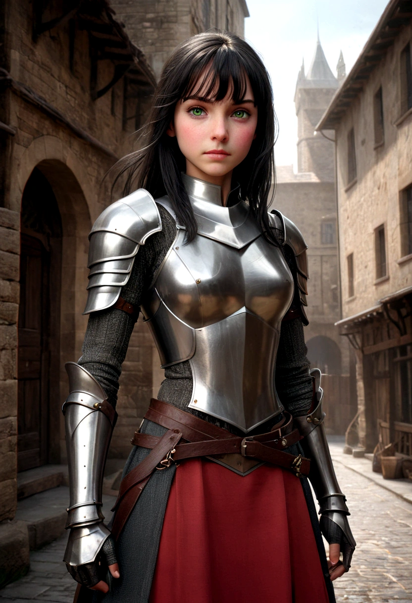 ((masterpiece,Highest quality:1.3)),cowboy shot,young 9-year-old daughter of severus snape, beauty,female knight、solo,((very small head:1.2)),black hair,long hair,low ponytail,blunt bangs,green eyes,gorgeous eyes,shy,medium breasts,((very long body:1.2)),((toned body,slender body,skinny)),gleaming skin,shiny skin,sweat,knight armor、Iron Gauntlets、Red Skirt、slit、standing,city、Medieval Europe、
