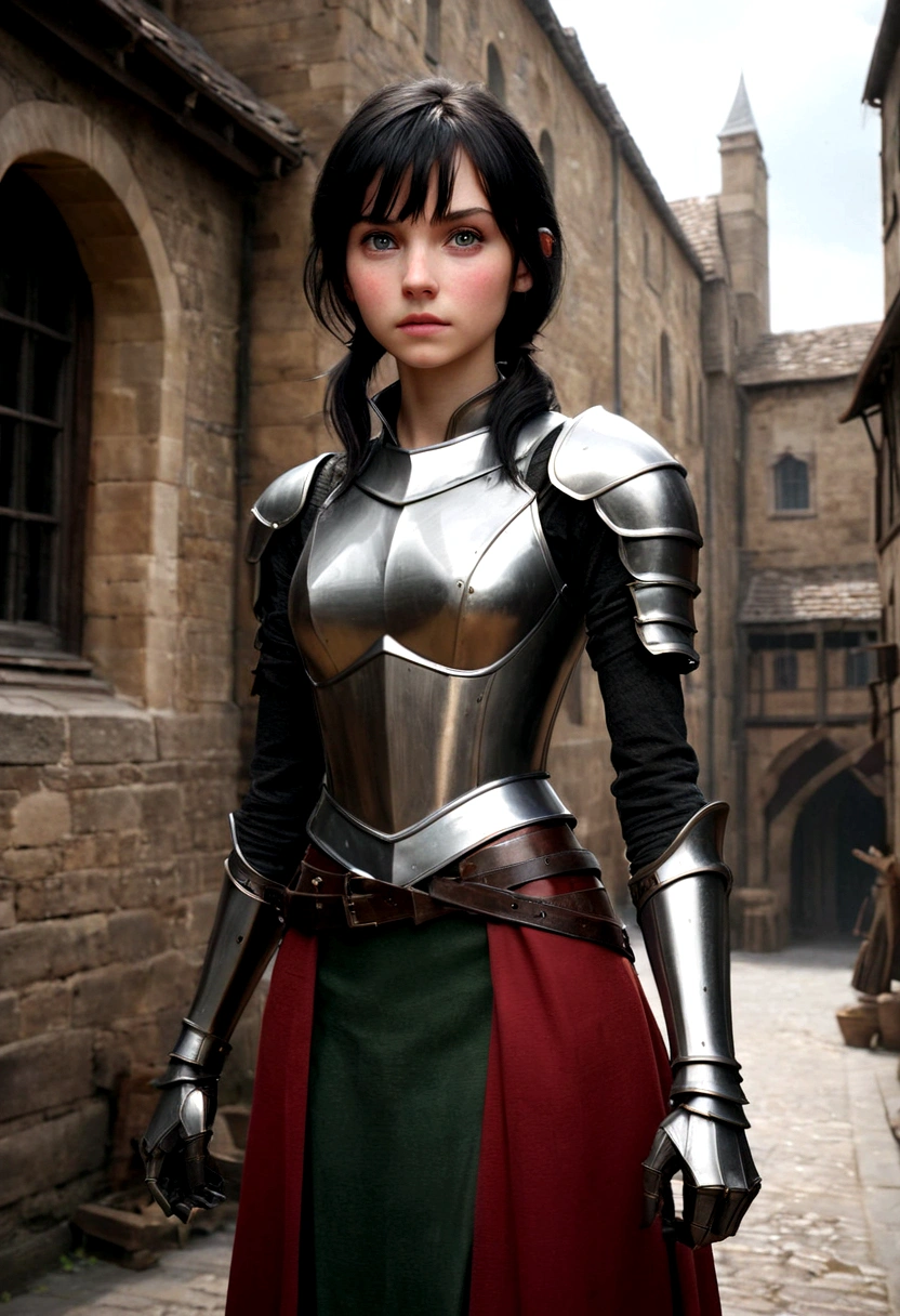 ((masterpiece,Highest quality:1.3)),cowboy shot,young 9-year-old daughter of severus snape, beauty,female knight、solo,((very small head:1.2)),black hair,long hair,low ponytail,blunt bangs,green eyes,gorgeous eyes,shy,medium breasts,((very long body:1.2)),((toned body,slender body,skinny)),gleaming skin,shiny skin,sweat,knight armor、Iron Gauntlets、Red Skirt、slit、standing,city、Medieval Europe、
