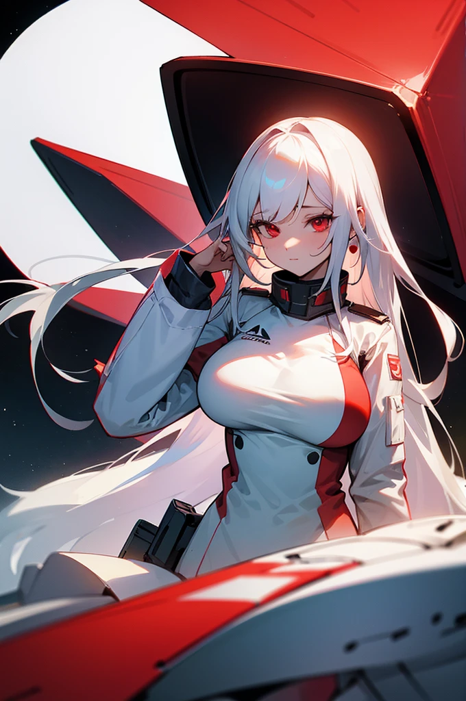 Woman long white hair red eyes big breast uniform space ship