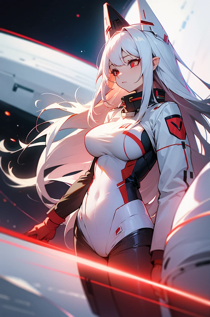 Woman long white hair red eyes big breast uniform space ship