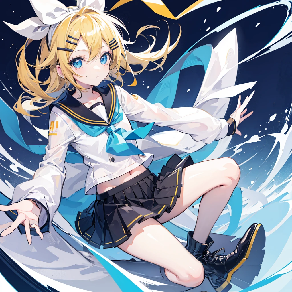 one girl, Kagamine Rin, Vocaloid, blue eyes, simple background, black sailor uniform, hair clip, hair bow, , cute, happy, from side