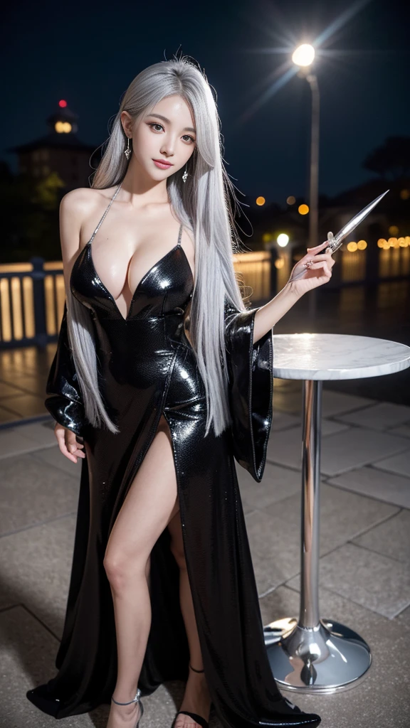 night,outside In town,(Black costume),wizard costume,(wizard's wand),wizard's pointed hat,full body,standing,earrings,(silver hair color),highest quality,4K,8K,High resolution,table top:1.2,super detailed,highly detailed eyes and face,beautiful and fine eyes,beautiful detailed lips,long eyelashes,realistic:1.37,Japanese,fine white skin,beautiful and magnificent composition,Marshmallow-like skin,table top,Charm,fantasy,mysterious,cute,((silver hair color)),silky smooth and straight hair,sharp focus,thinking,With a round face,Super huge breasts,Cleavage,Smile