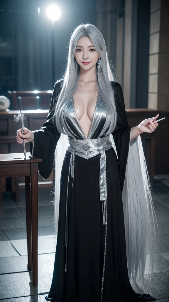 night,outside In town,(Black costume),wizard costume,(wizard's wand),wizard's pointed hat,full body,standing,earrings,(silver hair color),highest quality,4K,8K,High resolution,table top:1.2,super detailed,highly detailed eyes and face,beautiful and fine eyes,beautiful detailed lips,long eyelashes,realistic:1.37,Japanese,fine white skin,beautiful and magnificent composition,Marshmallow-like skin,table top,Charm,fantasy,mysterious,cute,((silver hair color)),silky smooth and straight hair,sharp focus,thinking,With a round face,Super huge breasts,Cleavage,Smile