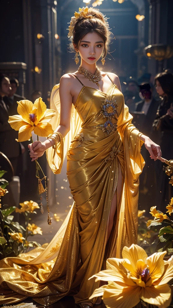 Full figure, -clinging shooting, 18 years old, golden firefly clothes, strap clothes, glowing clothes, ornaments, exquisite faces, details, hands, ultimate details, amazing magnificence, Pedaipan style, fiber hair, glowing golden iris, ((glowing flower)),