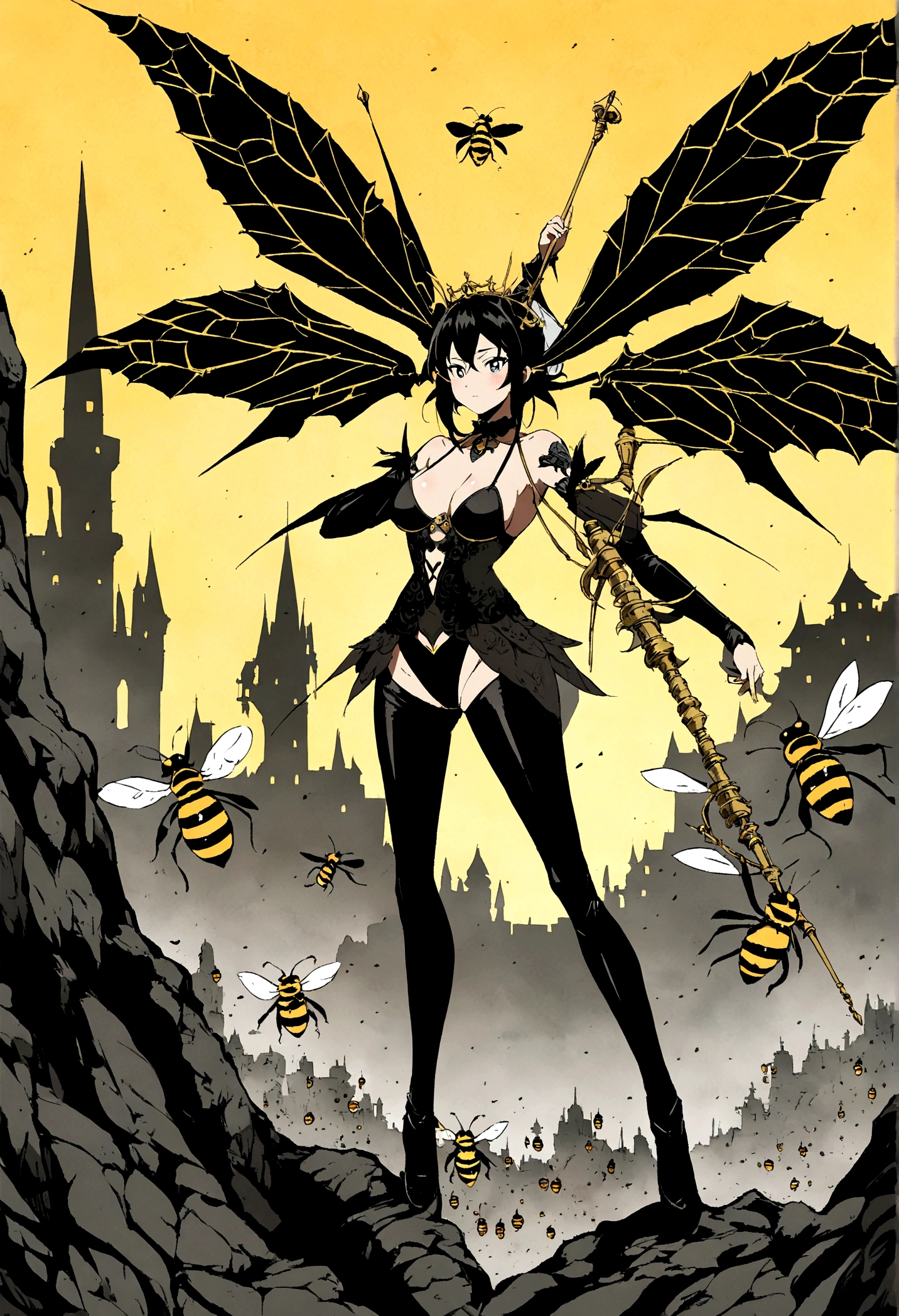 Anime Style.Fantasy World.Female Demon of the Demon King's Army.pretty girl.Has the abilities of a bee.There's a bee stinger on his ass.The bikini is the motif of a bee.Has a big needle weapon.The background is Devil's Castle
