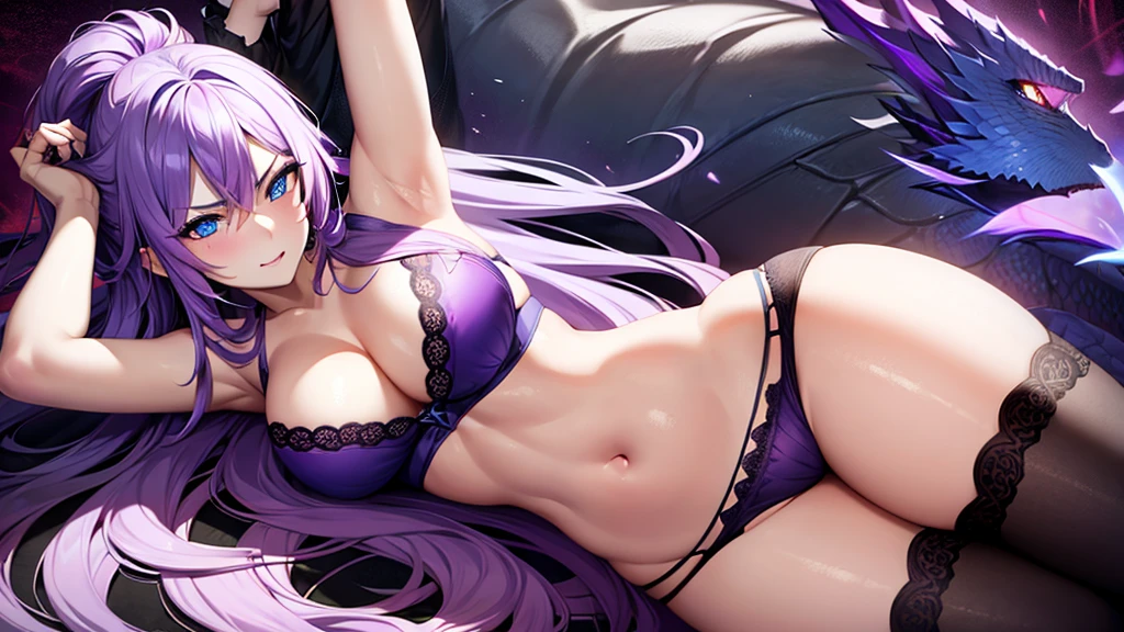 An adult woman half dragon, wide breasts, blue eyes, purple hair, very angry, very sexy, underwear, lying down