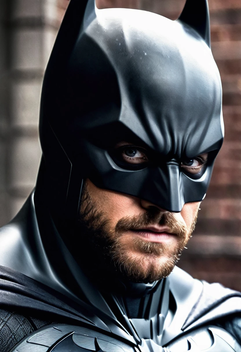 (((Extreme close-up Jake Gyllenhaal under the mantle of the Dark Knight Batman Front Images Color Splash Images))),(((Batman)))