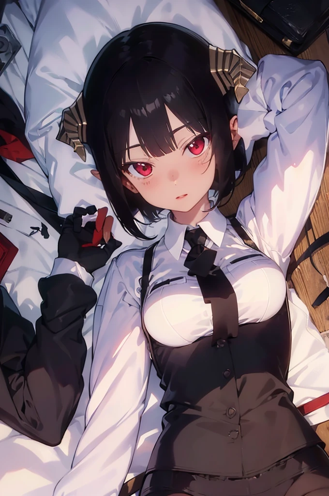 work of art, best qualityer, high resolution, 1girl horns short hair demon tail, white shirt black ascot black gloves black pants black vest lying on your back, sheet, arms up,blushed,face red,Hands behind the head,ssmile