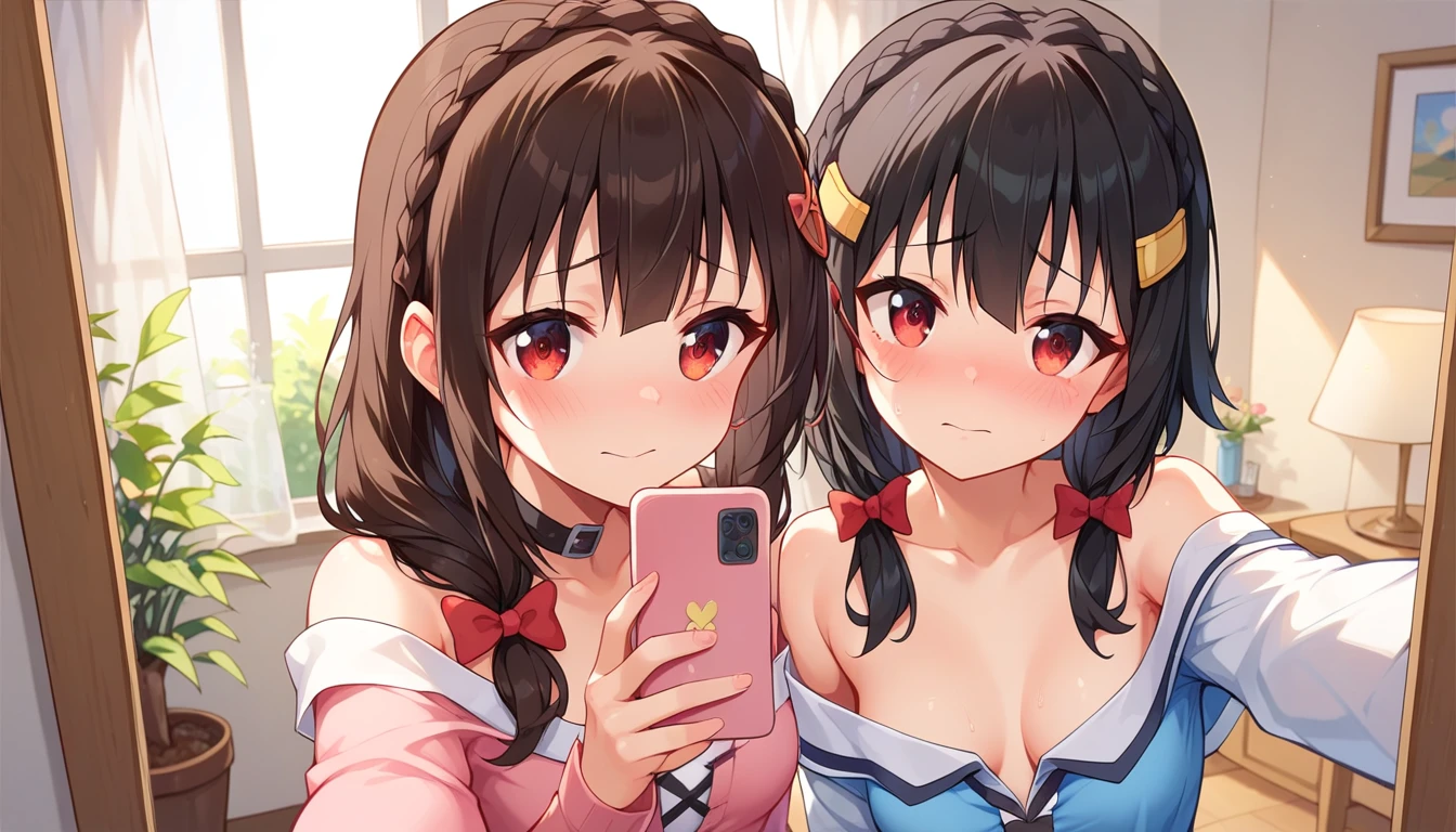 ((2girls:1.3)), ((moe style:1.3)), ((alaska:1.3)), ((phone:1.3)), ((selfie:1.3)), teasing, cowboy shot, yuri, ((black hair:1.3)), megumin (konosuba), yunyun (konosuba), ((shy:1.3)), blush, ((perfect face)), ((extremely cute:1.3)), ((masterpiece:1.3)), ((8k)), ((best quality:1.3)), ((beautiful)), ((extremely detailed:1.3)) , ((absurdres)), AddXL, ((score_9:1.3)), ((score_8_up:1.3)), ((score_7_up:1.3)), Expressiveh
