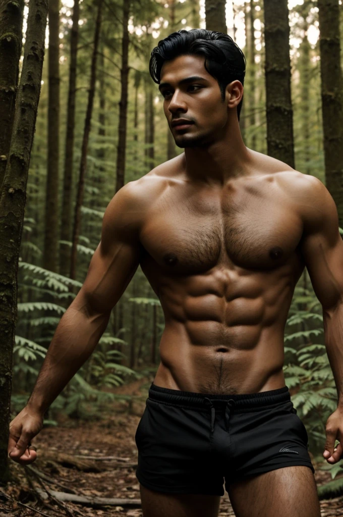 Chico, black hair, Brown skin, shirtless, forest, evening