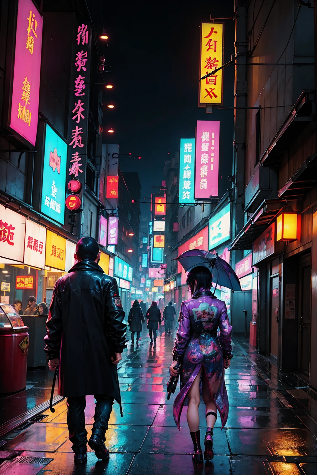a person walking down a street with a umbrella in the rain, inspired by Liam Wong, china town blade runner, by Kilian Eng, ( ( ( ( ( dan mumford ) ) ) ) ), cyberpunk street, cyberpunk streets in japan, cyberpunk anime art, cyberpunk art style, cyberpunk alley, by Liam Wong, kowloon cyberpunk, cyberpunk themed art, cyberpunk aesthetics,taken picture from behind